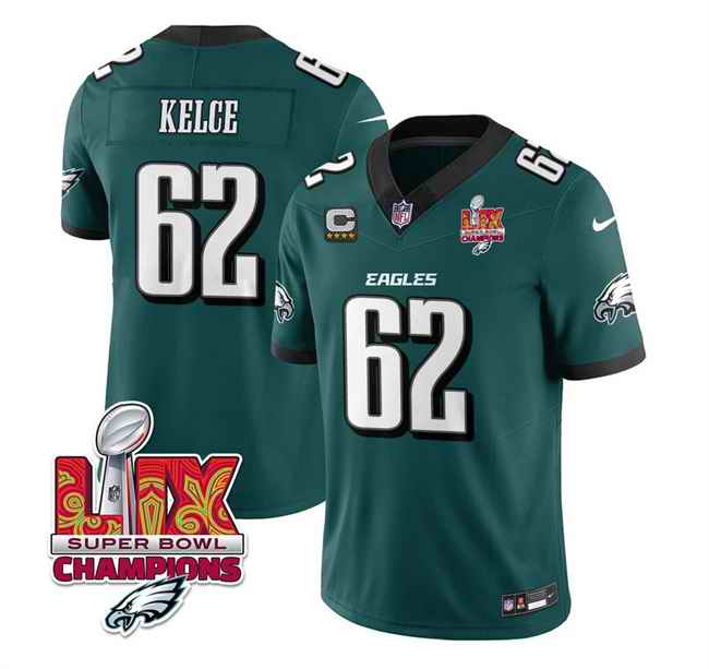 Men's Philadelphia Eagles #62 Jason Kelce Green 2025 Eagles Logo Super Bowl LIX Patch And 4-Star C Patch New F.U.S.E. Vapor Limited Stitched Football Jersey